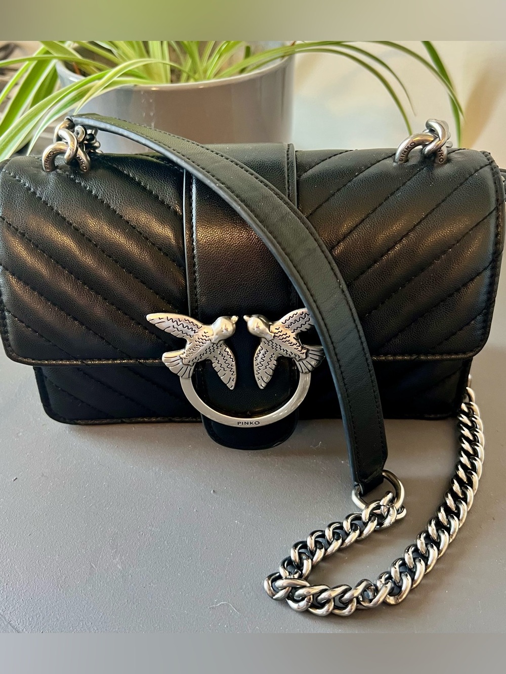 EUC Pinko Black Quilted Leather Shoulder Bag with Silver Bird Hardware